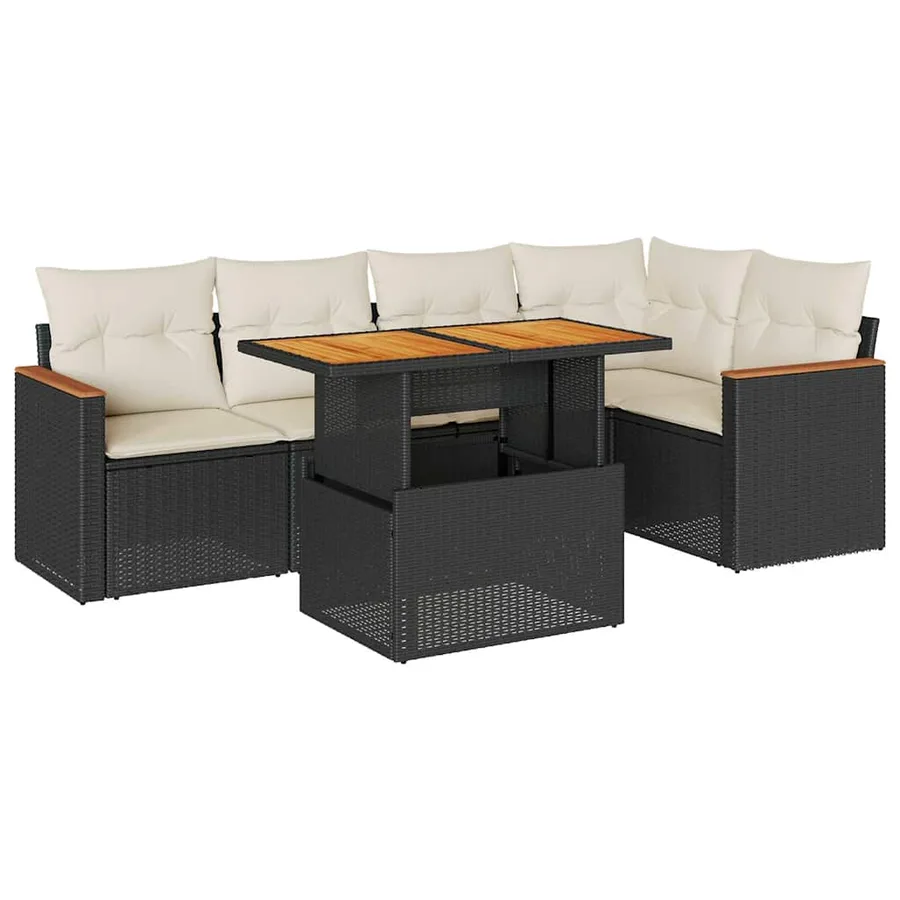 Salon de jardin 6 pcs avec coussins noir résine tressée acacia - 2