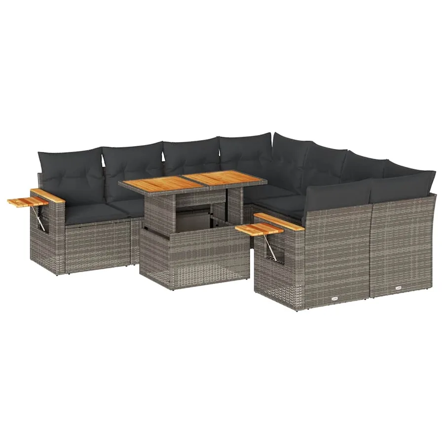 Salon de jardin avec coussins 9 pcs gris résine tressée acacia - 2