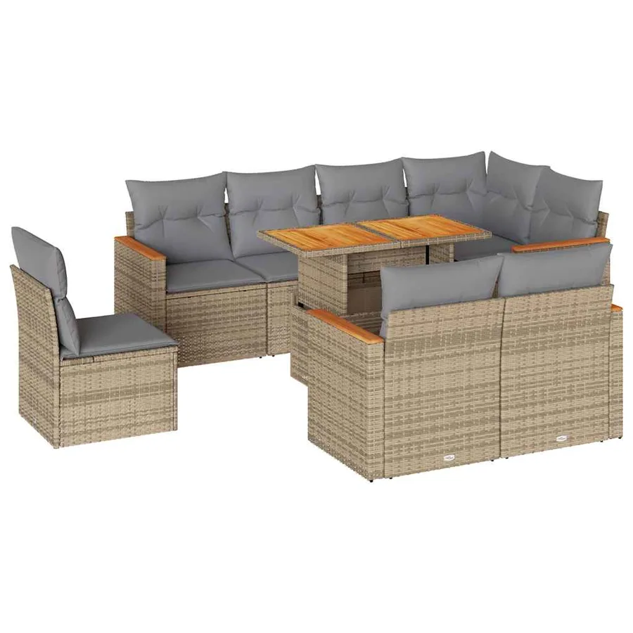 Salon de jardin avec coussins 9 pcs beige résine tressée acacia - 2
