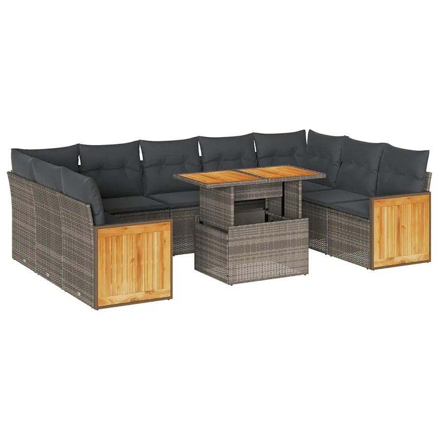 Salon de jardin avec coussins 10 pcs gris résine tressée acacia - 2