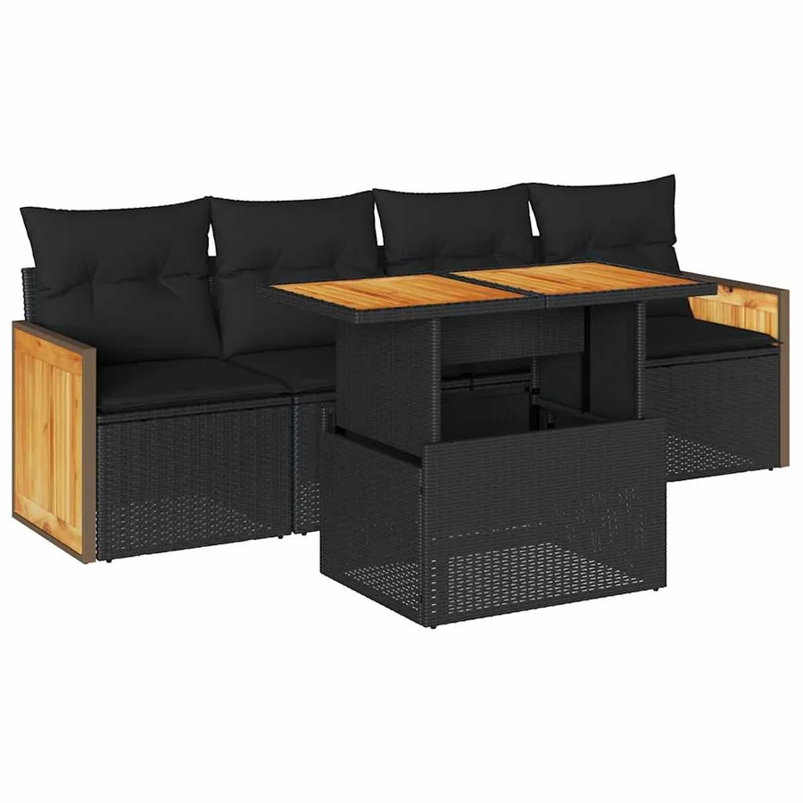 Salon de jardin 5 pcs avec coussins noir résine tressée acacia - 2