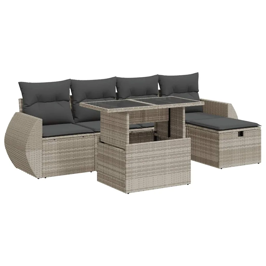 Salon de jardin 6 pcs avec coussins gris clair résine tressée - 2