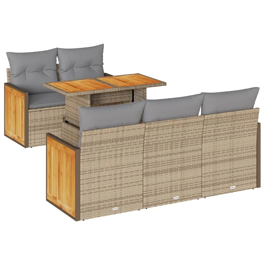 Salon de jardin 6 pcs avec coussins beige résine tressée acacia - 2