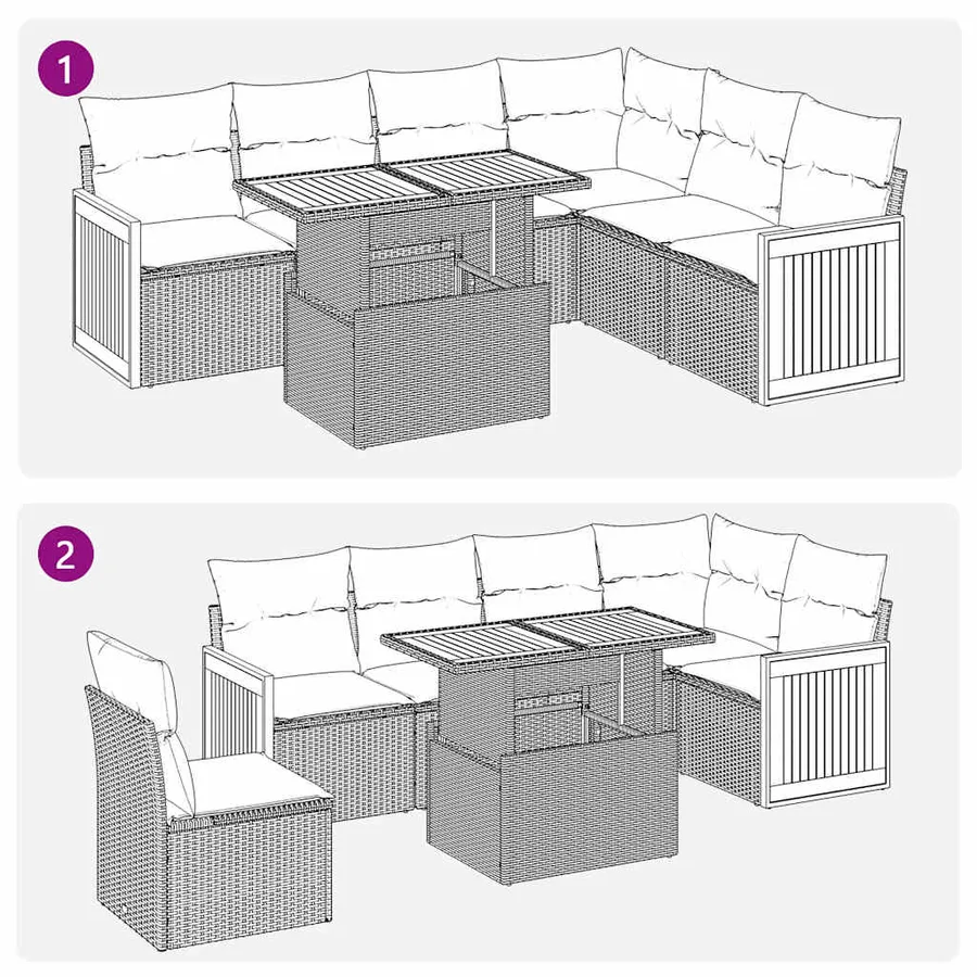 Salon de jardin avec coussins 7 pcs noir résine tressée acacia - 11