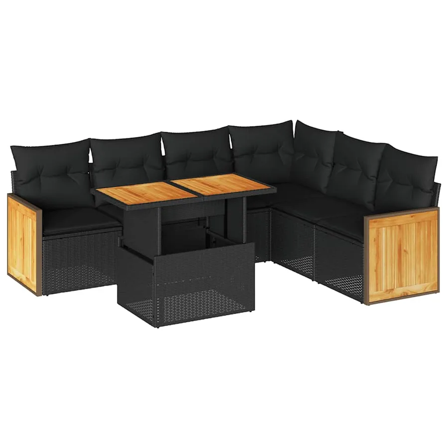 Salon de jardin avec coussins 7 pcs noir résine tressée acacia - 2