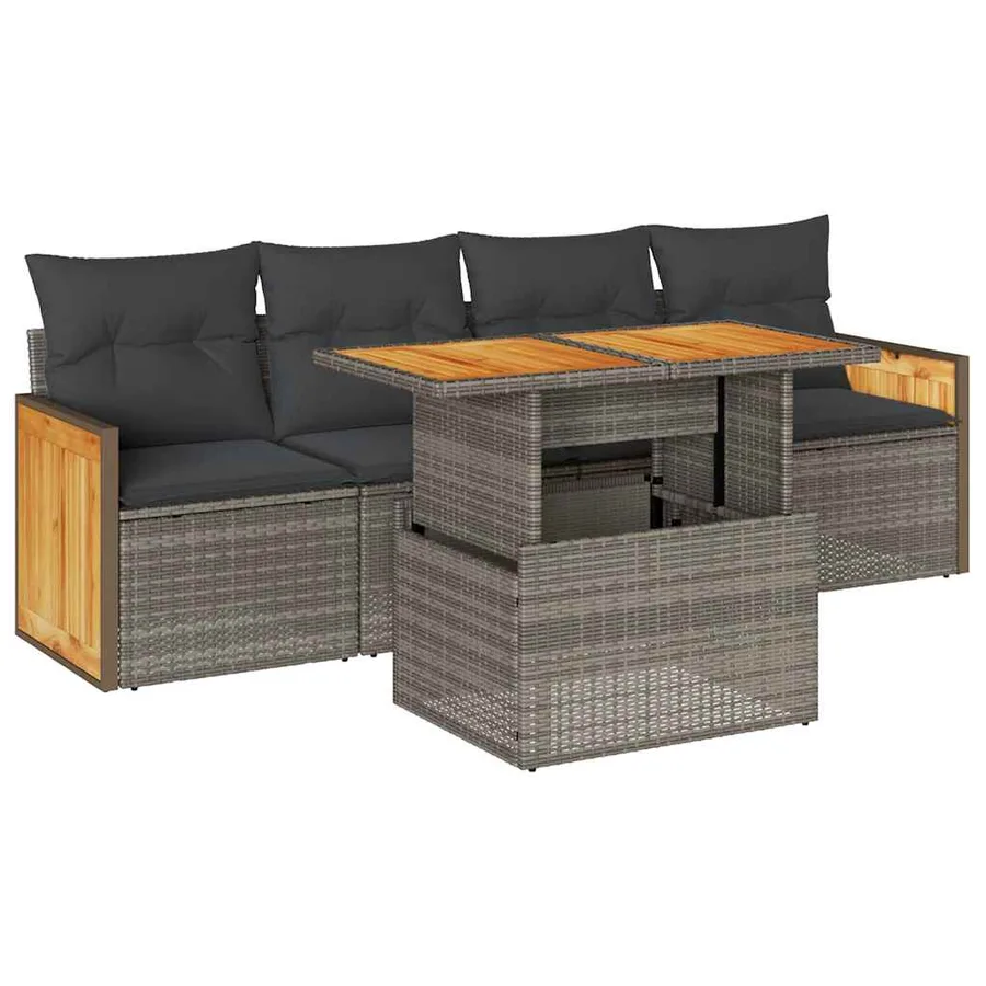 Salon de jardin 5 pcs avec coussins gris résine tressée acacia - 2