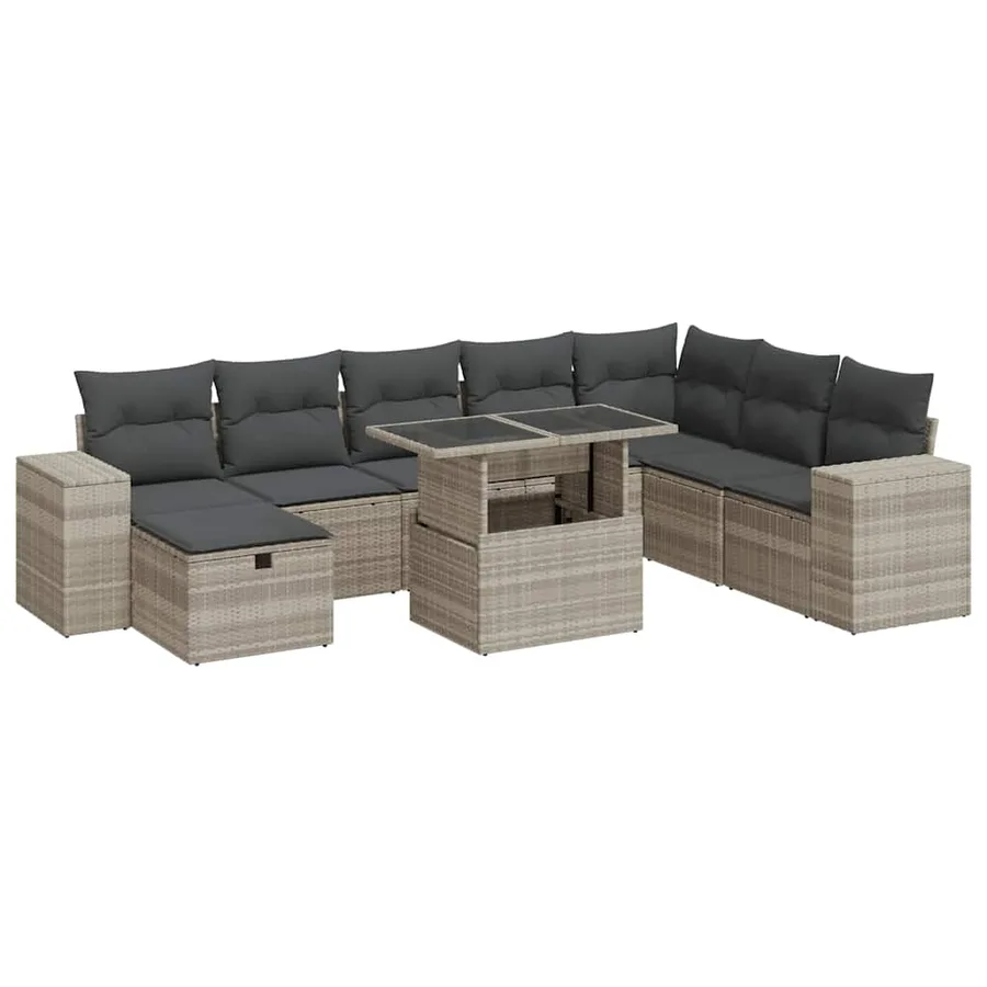 Salon de jardin 9 pcs avec coussins gris clair résine tressée - 2