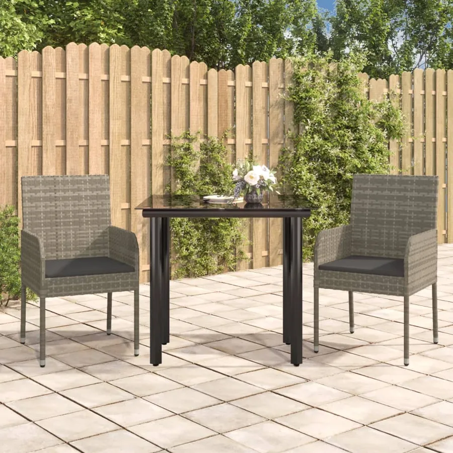 Ensemble à manger jardin 3pcs avec coussins noir et gris