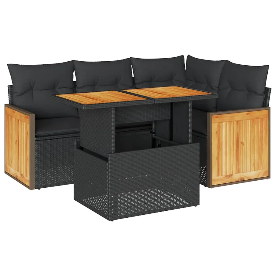 Salon de jardin 5 pcs avec coussins noir résine tressée acacia - 2