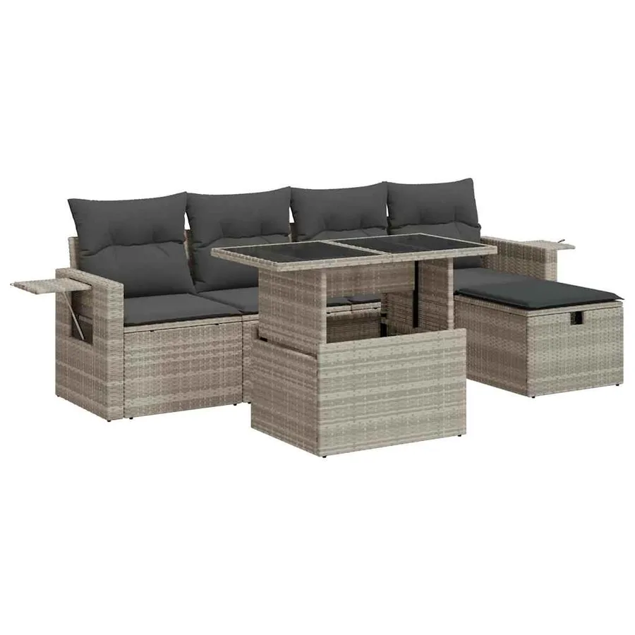 Salon de jardin 6 pcs avec coussins gris clair résine tressée - 2