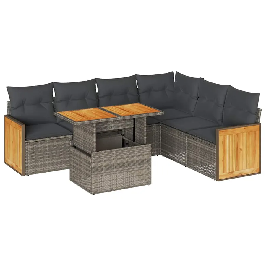 Salon de jardin avec coussins 7 pcs gris résine tressée acacia - 2
