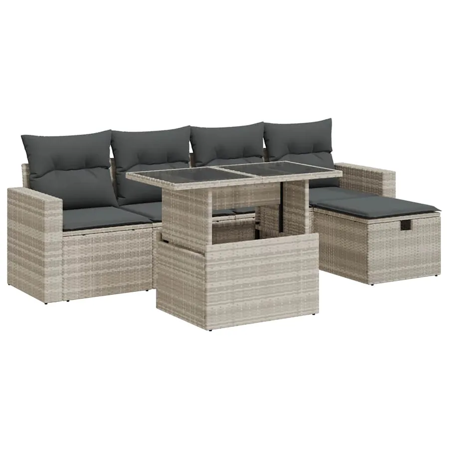 Salon de jardin 6 pcs avec coussins gris clair résine tressée - 2