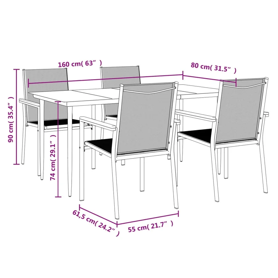 Ensemble à manger de jardin 5 pcs noir textilène et acier - 9