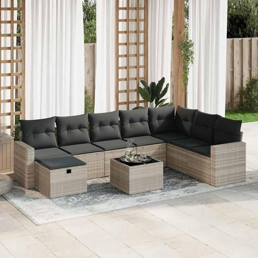 Salon de jardin 9 pcs avec coussins gris clair résine tressée - 2