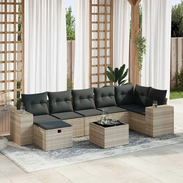 Salon de jardin 8 pcs avec coussins gris clair résine tressée