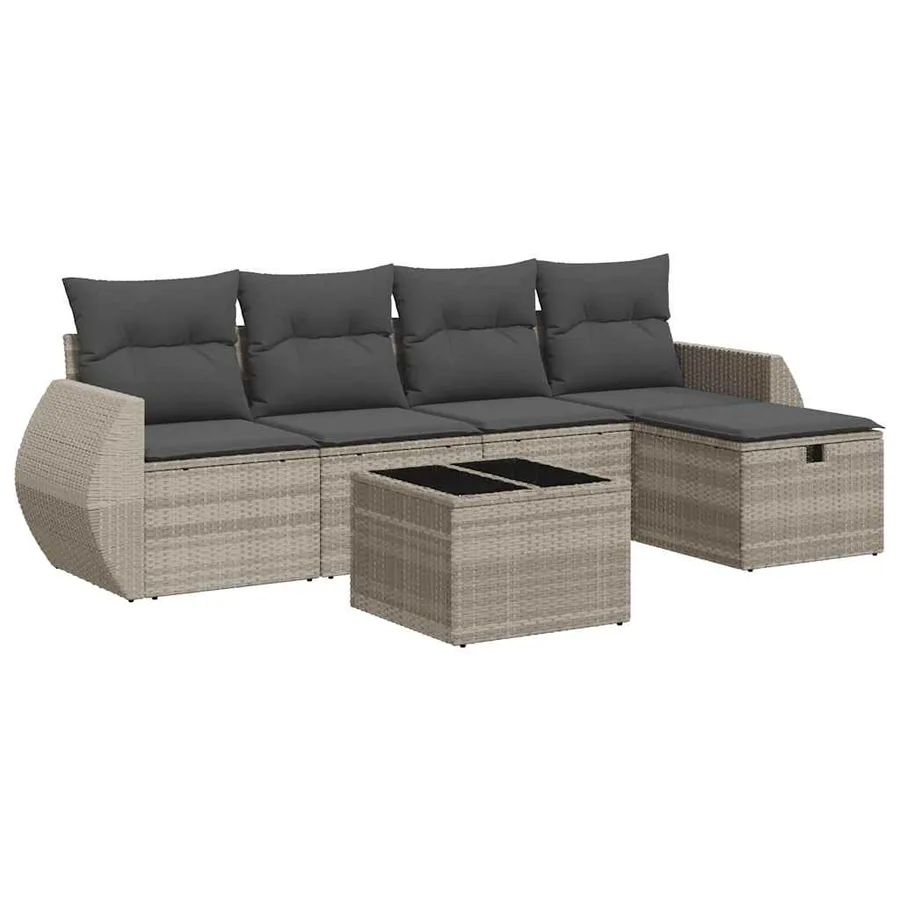 Salon de jardin 6 pcs avec coussins gris clair résine tressée - 2
