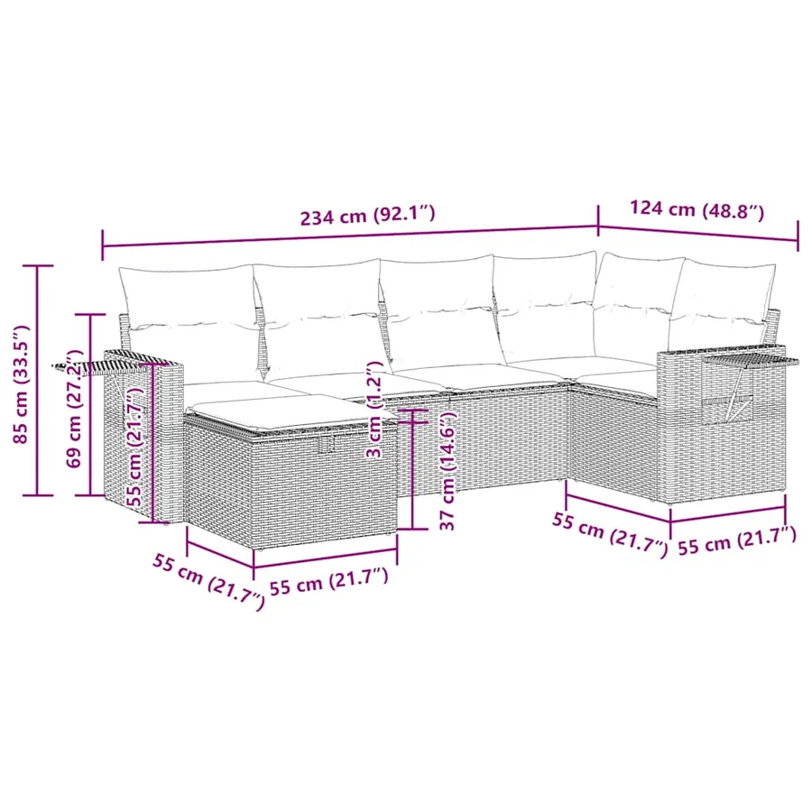 Salon de jardin 6 pcs avec coussins gris clair résine tressée - 14