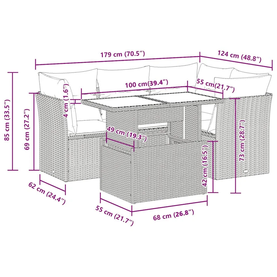 Salon de jardin 5 pcs avec coussins gris résine tressée - 11