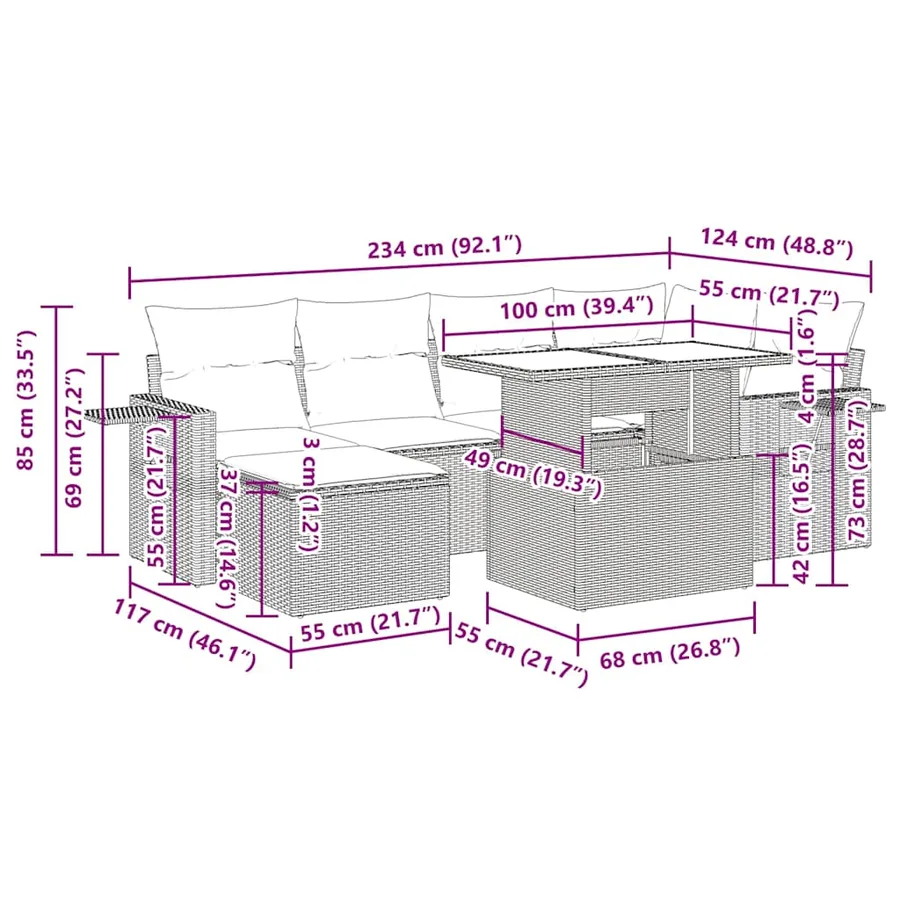 Salon de jardin avec coussins 7 pcs gris clair résine tressée - 17