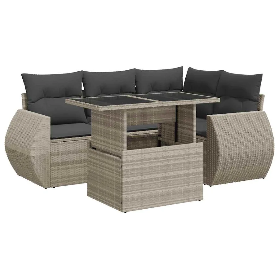 Salon de jardin 6 pcs avec coussins gris clair résine tressée - 2