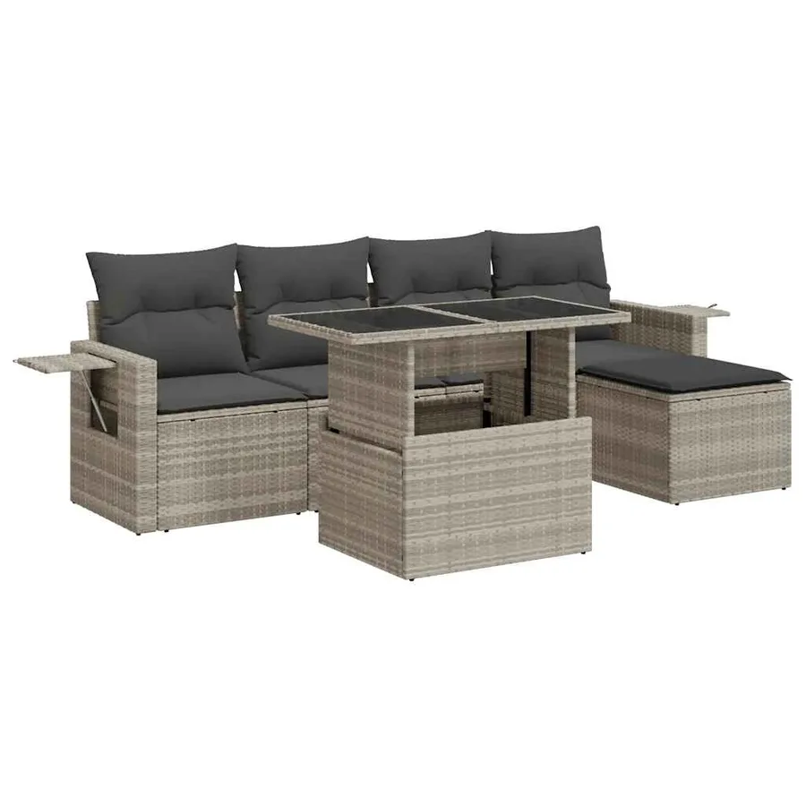 Salon de jardin 6 pcs avec coussins gris clair résine tressée - 2