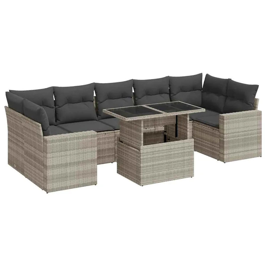 Salon de jardin 8 pcs avec coussins gris clair résine tressée - 2