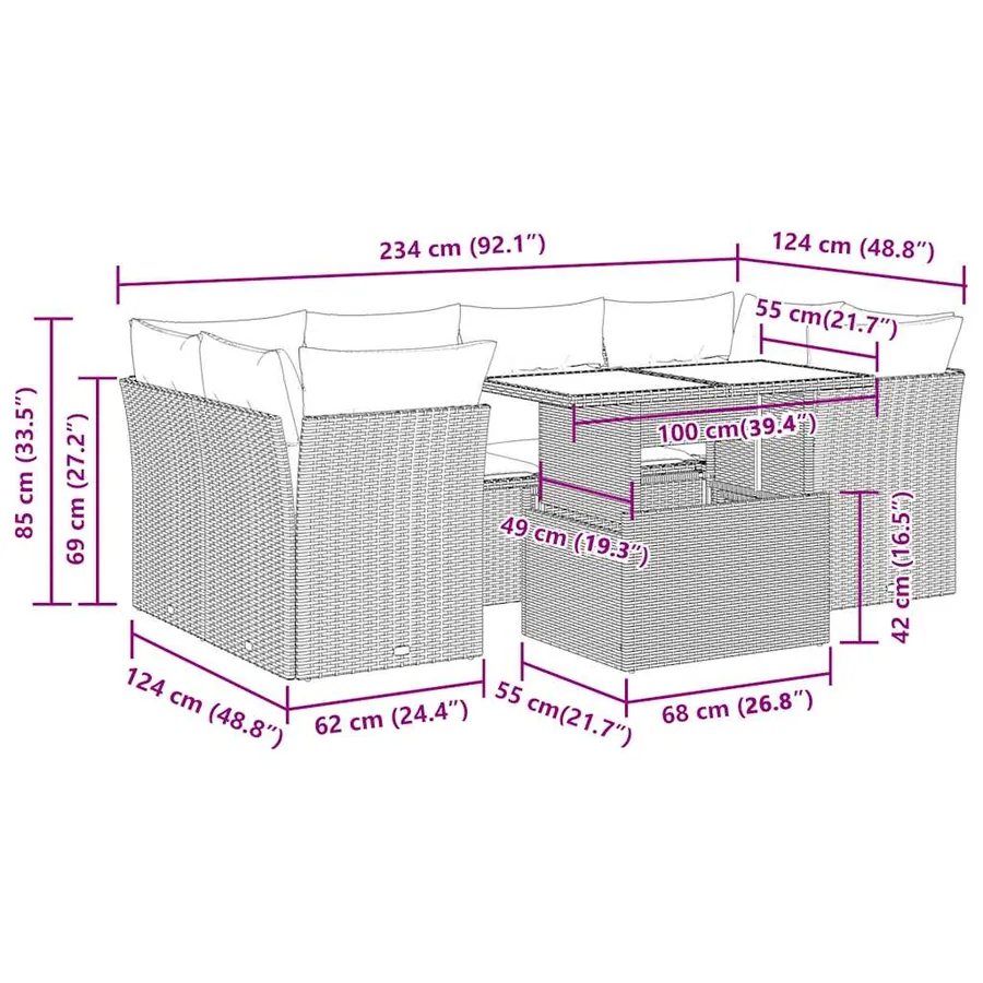Salon de jardin avec coussins 7 pcs gris clair résine tressée - 12