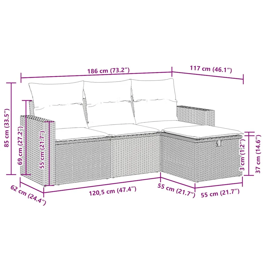 Salon de jardin 4 pcs avec coussins gris clair résine tressée - 12