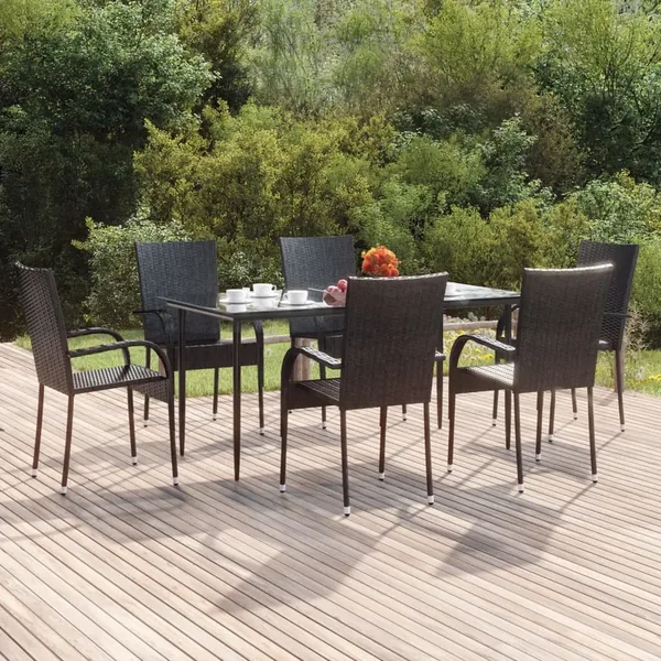 Ensemble à manger de jardin 7 pcs Noir Résine tressée