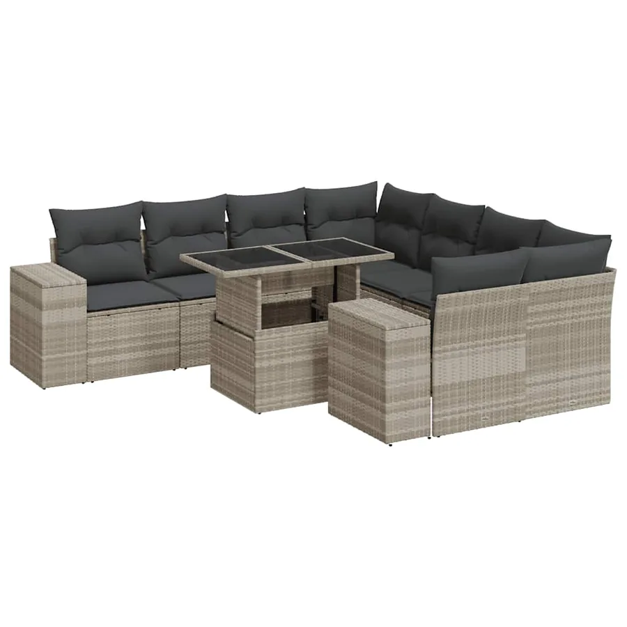 Salon de jardin 9 pcs avec coussins gris clair résine tressée - 2