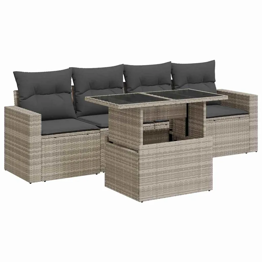 Salon de jardin 5 pcs avec coussins gris clair résine tressée - 2