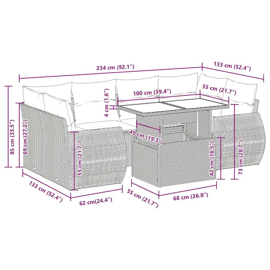 Salon de jardin avec coussins 7 pcs gris résine tressée - 14