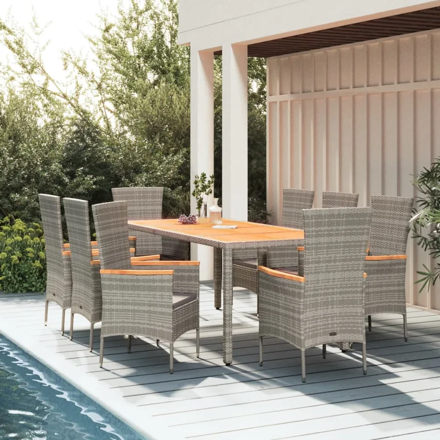 Ensemble à manger de jardin 9 pcs coussins gris résine tressée