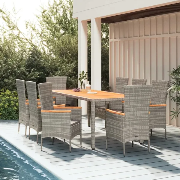 Ensemble à manger de jardin 9 pcs coussins gris résine tressée