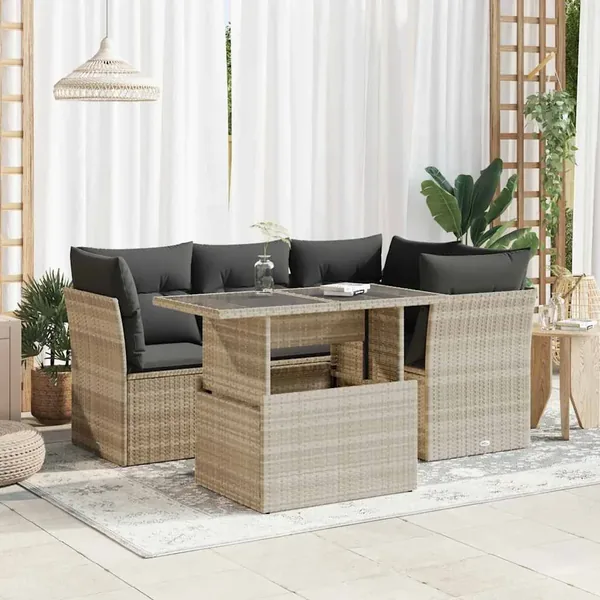 Salon de jardin 5 pcs avec coussins gris clair résine tressée