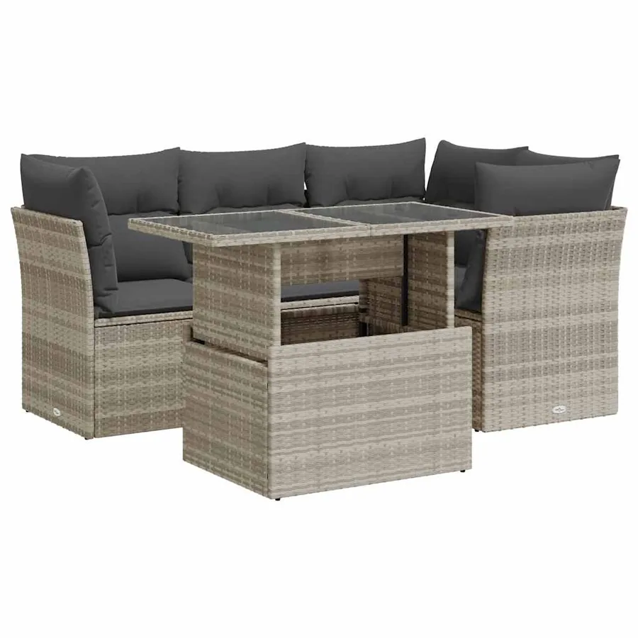 Salon de jardin 5 pcs avec coussins gris clair résine tressée - 2