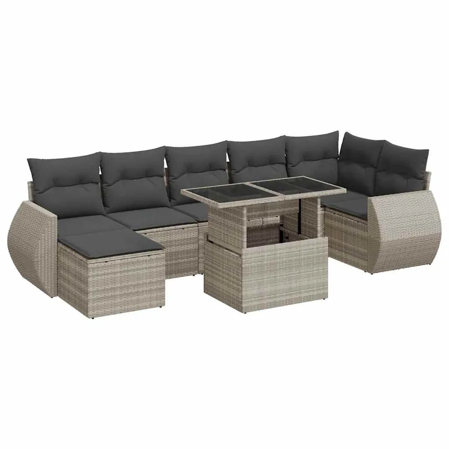 Salon de jardin 8 pcs avec coussins gris clair résine tressée - 2