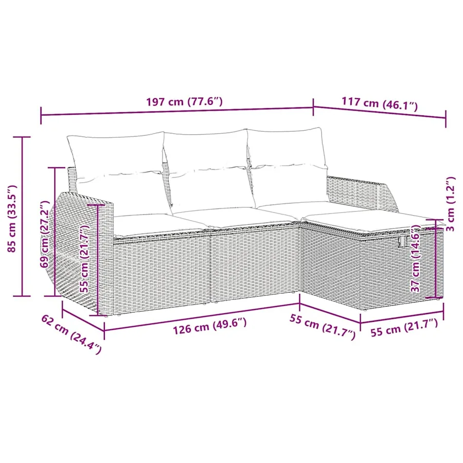 Salon de jardin 4 pcs avec coussins noir résine tressée - 11