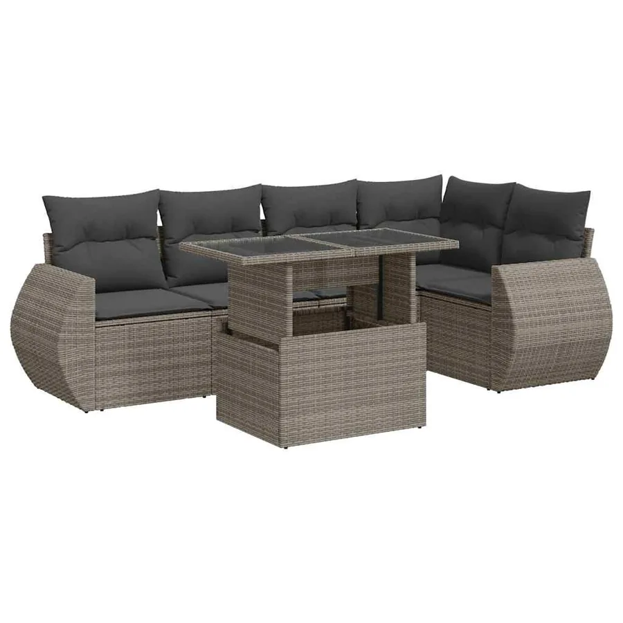 Salon de jardin 6 pcs avec coussins gris résine tressée - 2