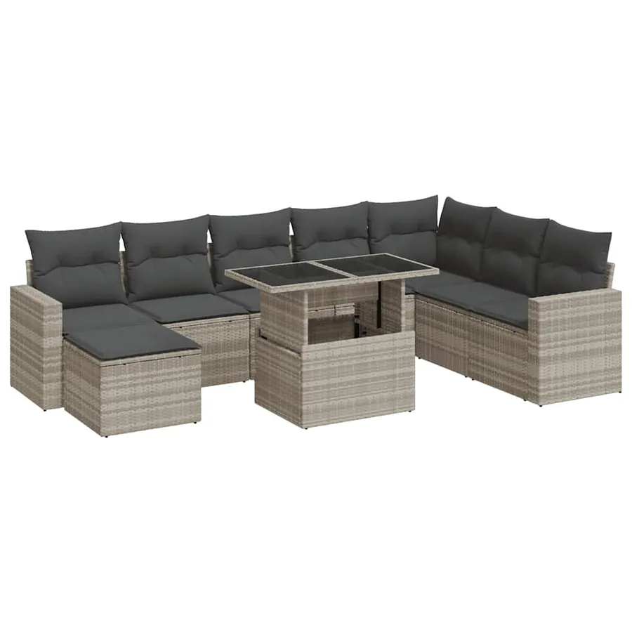 Salon de jardin 9 pcs avec coussins gris clair résine tressée - 2