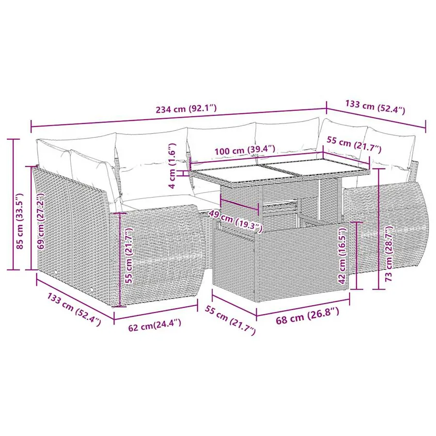 Salon de jardin avec coussins 7 pcs gris clair résine tressée - 14