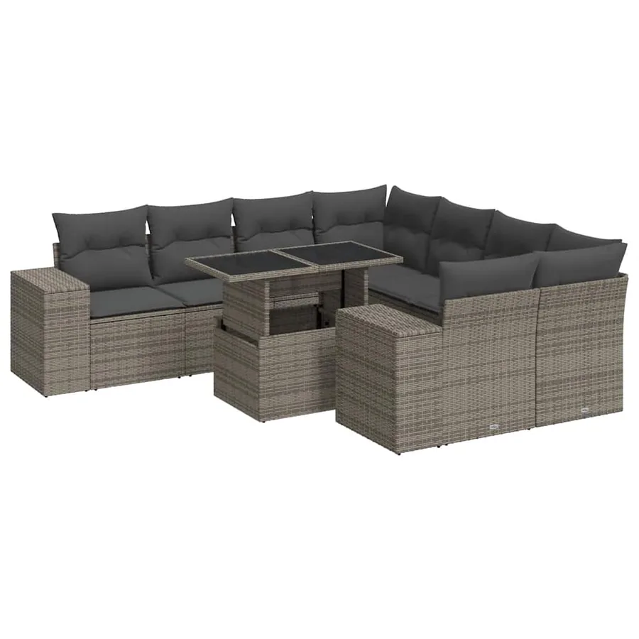 Salon de jardin 9 pcs avec coussins gris résine tressée - 2