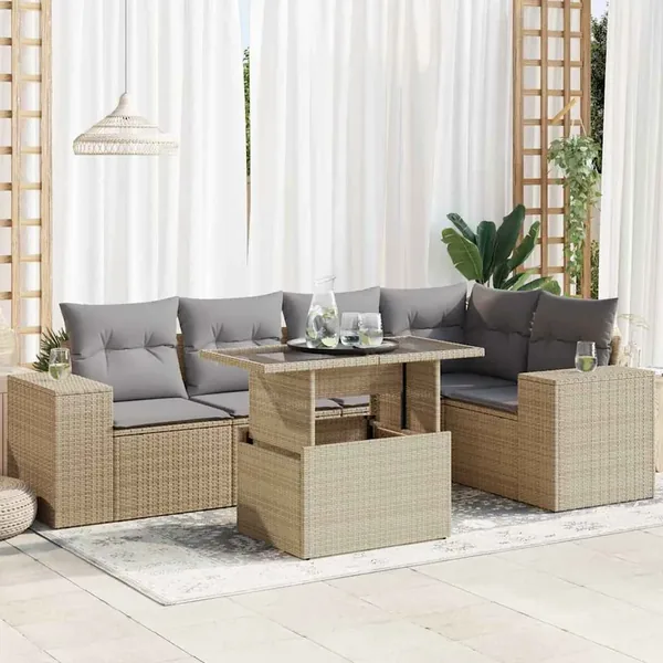 Salon de jardin avec coussins 6 pcs beige résine tressée