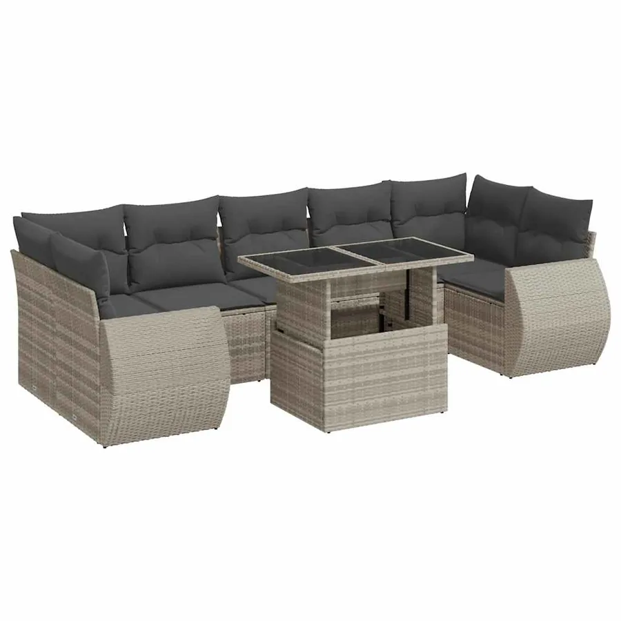 Salon de jardin 8 pcs avec coussins gris clair résine tressée - 2