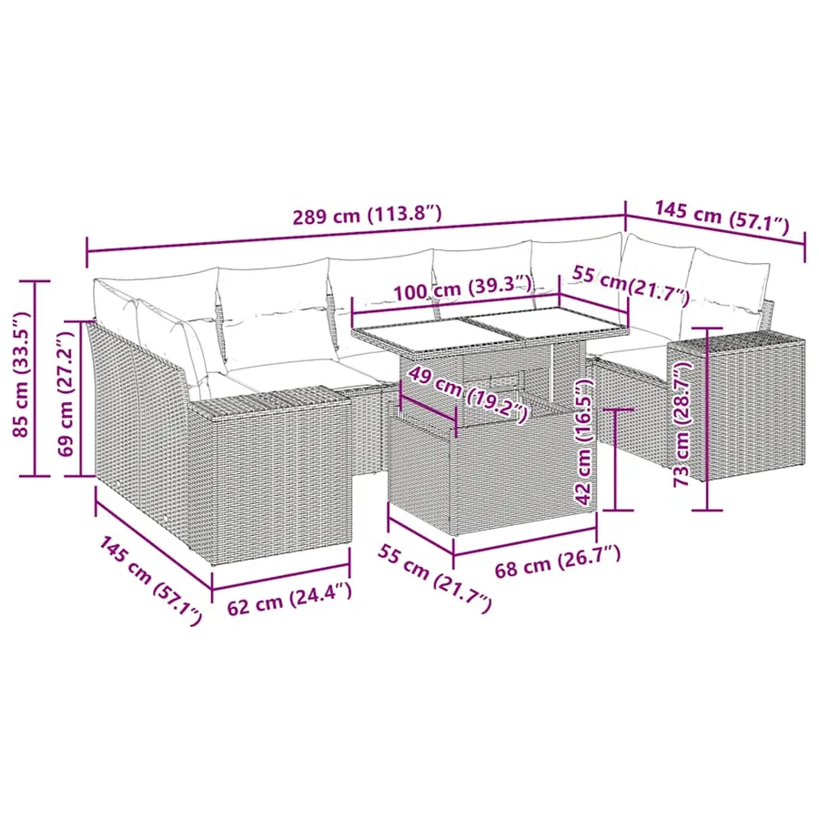 Salon de jardin avec coussins 8 pcs beige résine tressée - 14