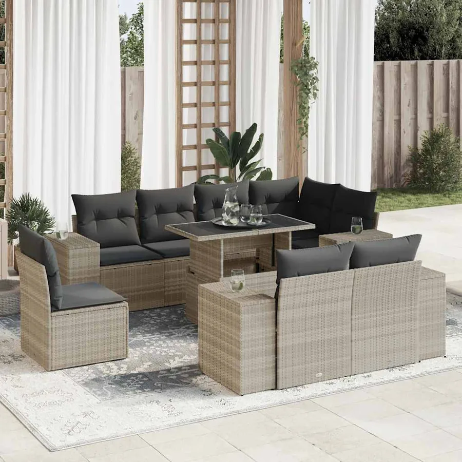 Salon de jardin 9 pcs avec coussins gris clair résine tressée