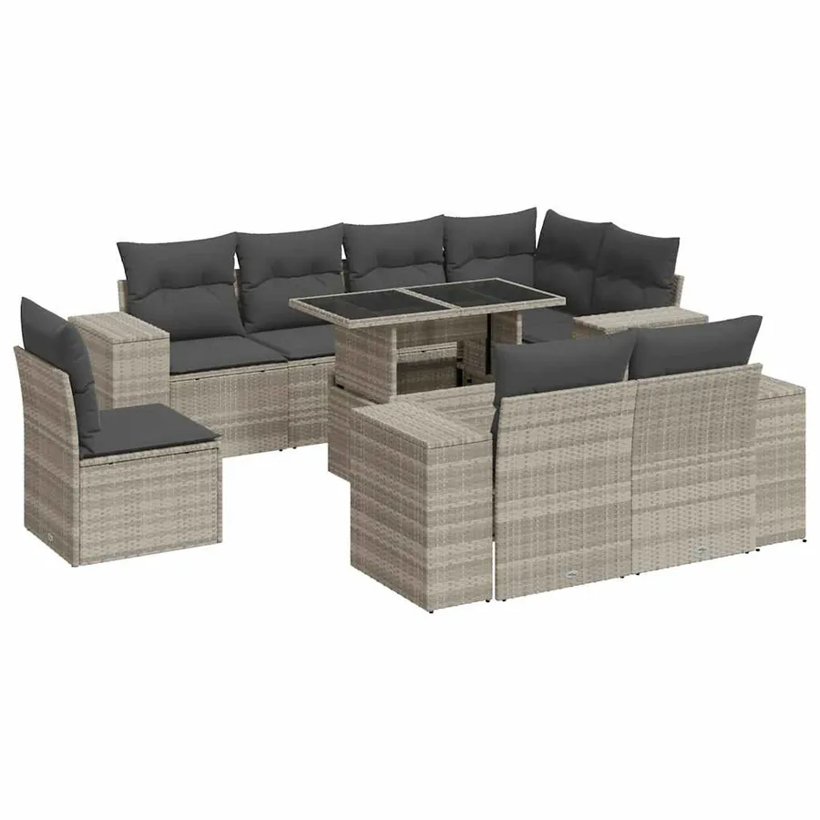 Salon de jardin 9 pcs avec coussins gris clair résine tressée - 2