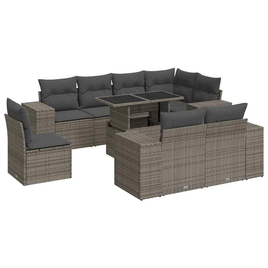 Salon de jardin 9 pcs avec coussins gris résine tressée - 2