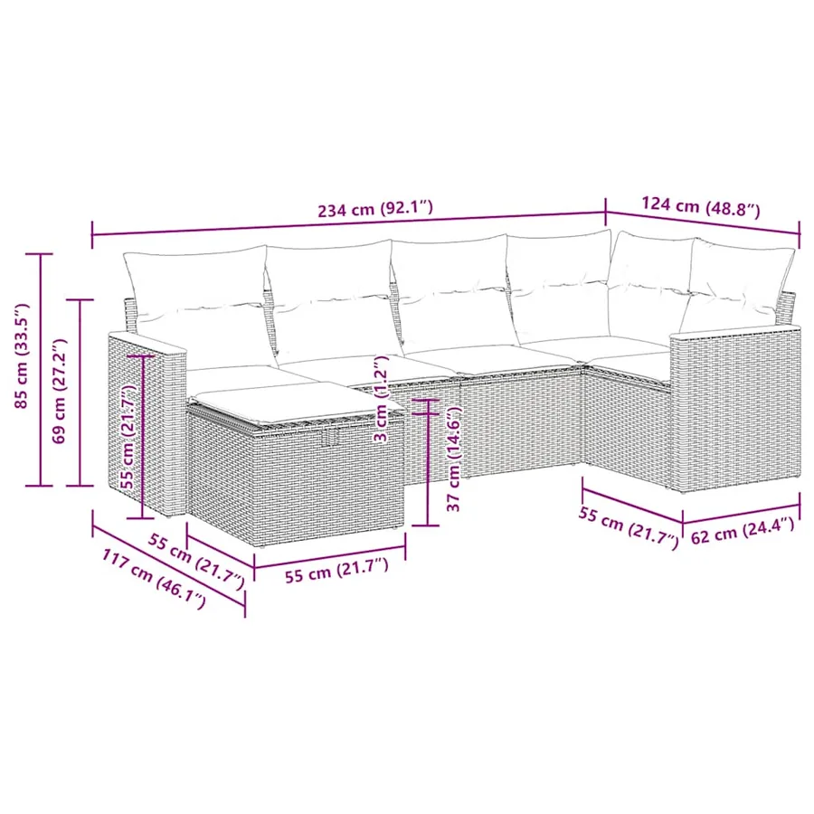 Salon de jardin 6 pcs avec coussins noir résine tressée - 14