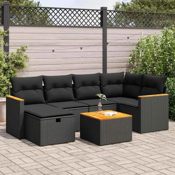 Salon de jardin 7 pcs avec coussins noir résine tressée 62 x 62 x 69 cm - 59,0 kg